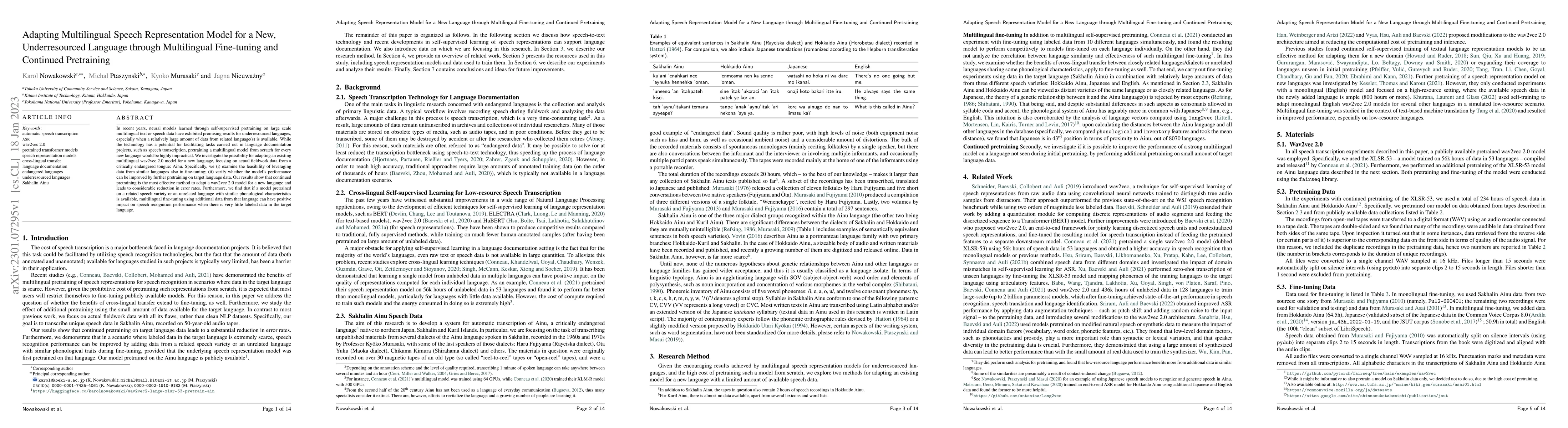 Thumbnail for Adapting Multilingual Speech Representation Model for a New,
  Underresourced Language through Multilingual Fine-tuning and Continued
  Pretraining
