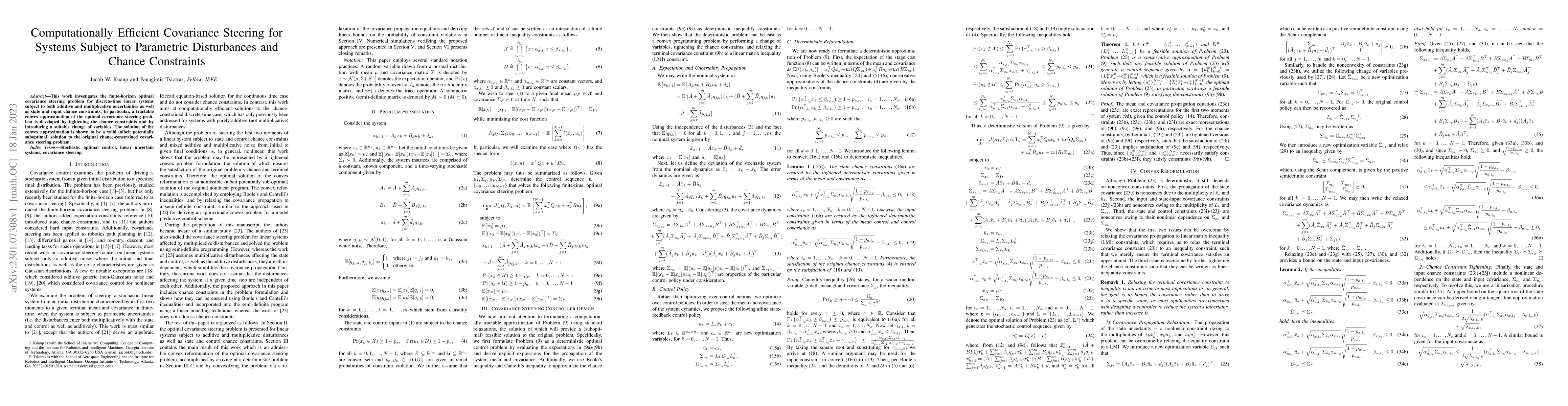 Thumbnail for Computationally Efficient Covariance Steering for Systems Subject to
  Parametric Disturbances and Chance Constraints