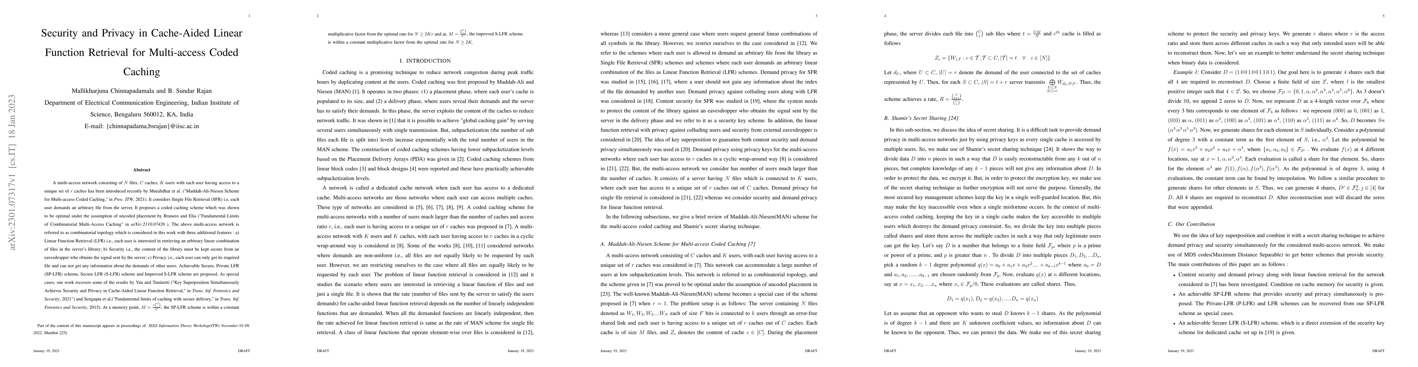 Thumbnail for Security and Privacy in Cache-Aided Linear Function Retrieval for
  Multi-access Coded Caching