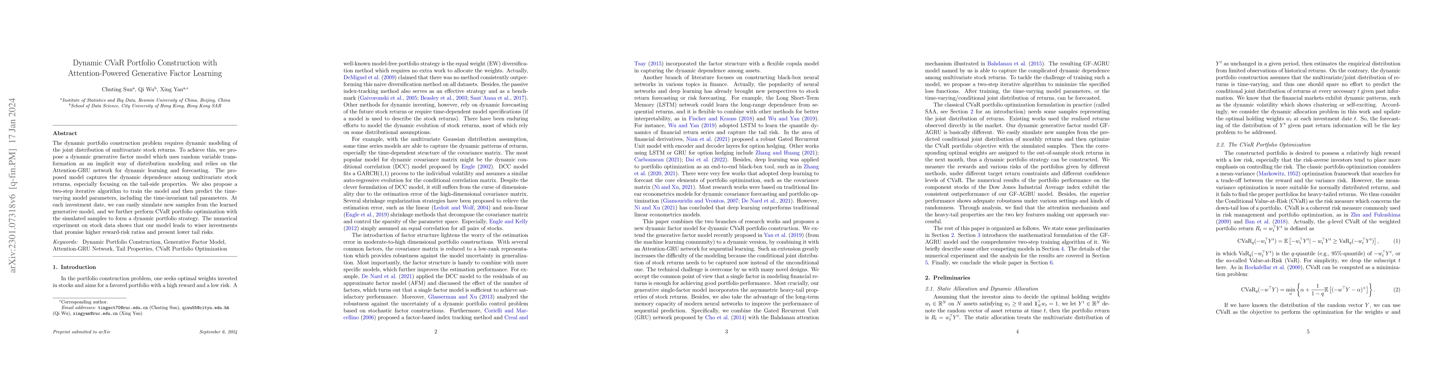 Thumbnail for Dynamic CVaR Portfolio Construction with Attention-Powered Generative
  Factor Learning