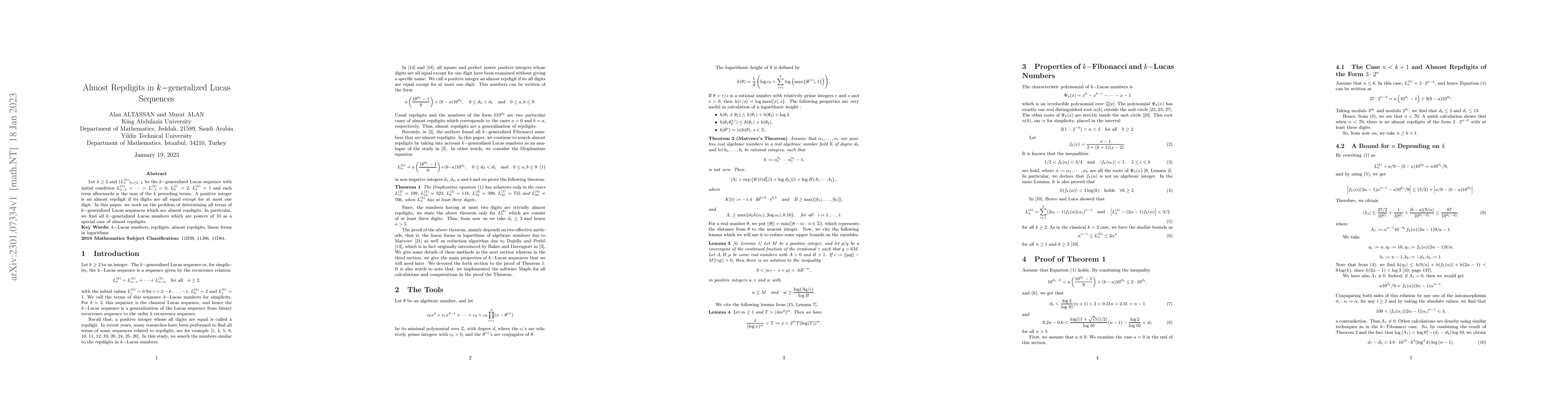 Thumbnail for Almost Repdigits in $ k-$generalized Lucas Sequences