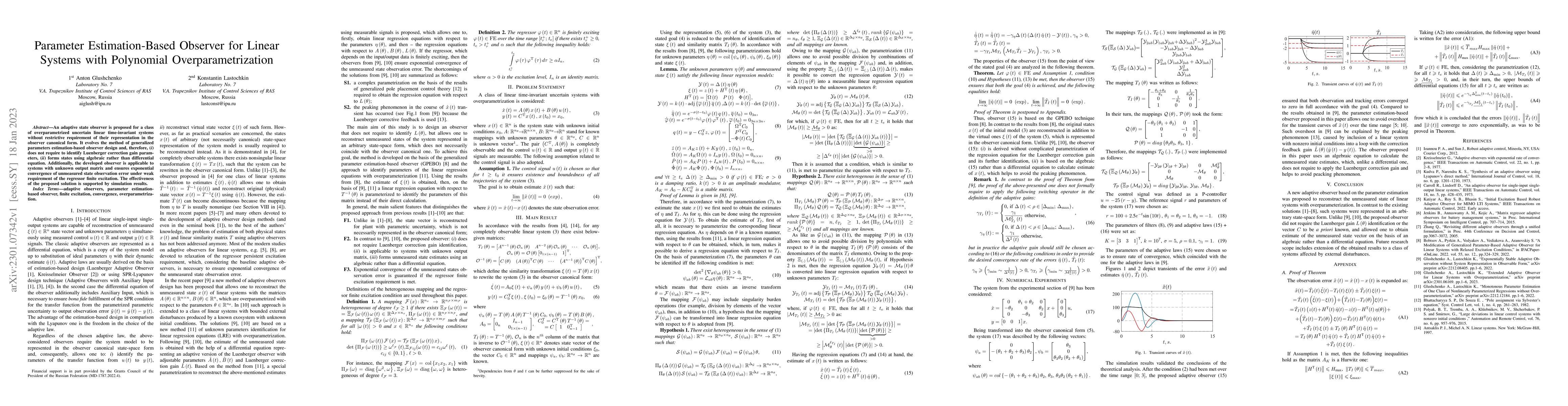 Thumbnail for Parameter Estimation-Based Observer for Linear Systems with Polynomial
  Overparametrization