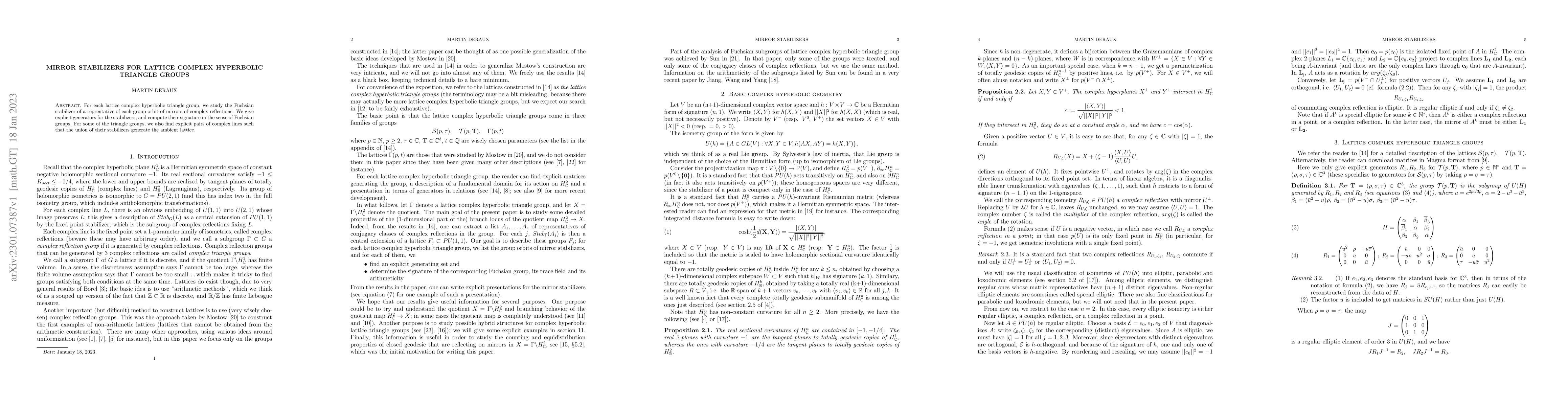 Thumbnail for Mirror stabilizers for lattice complex hyperbolic triangle groups