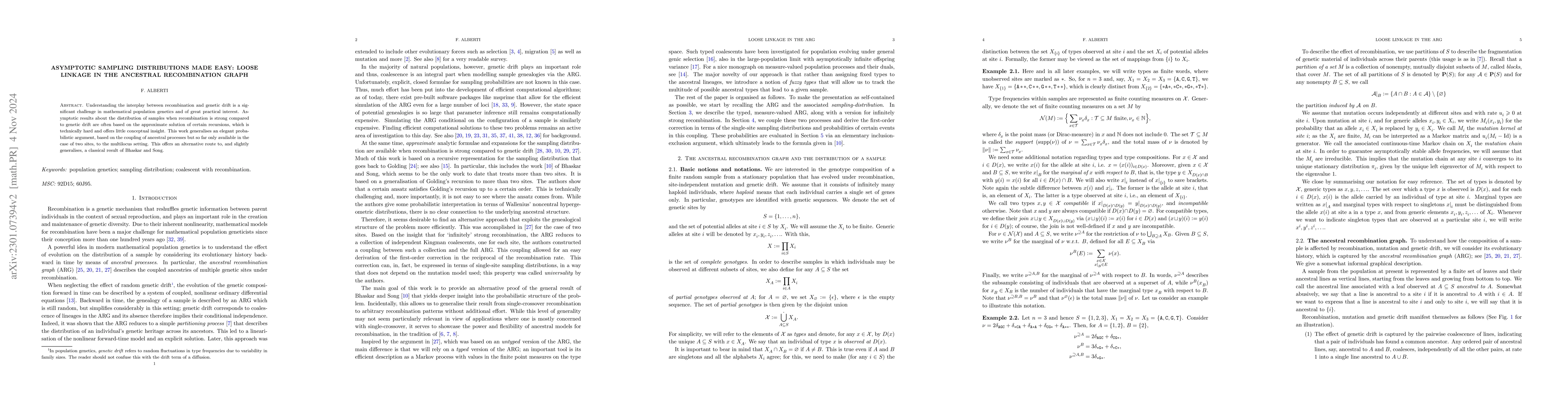 Thumbnail for Asymptotic sampling distributions made easy: loose linkage in the
  ancestral recombination graph