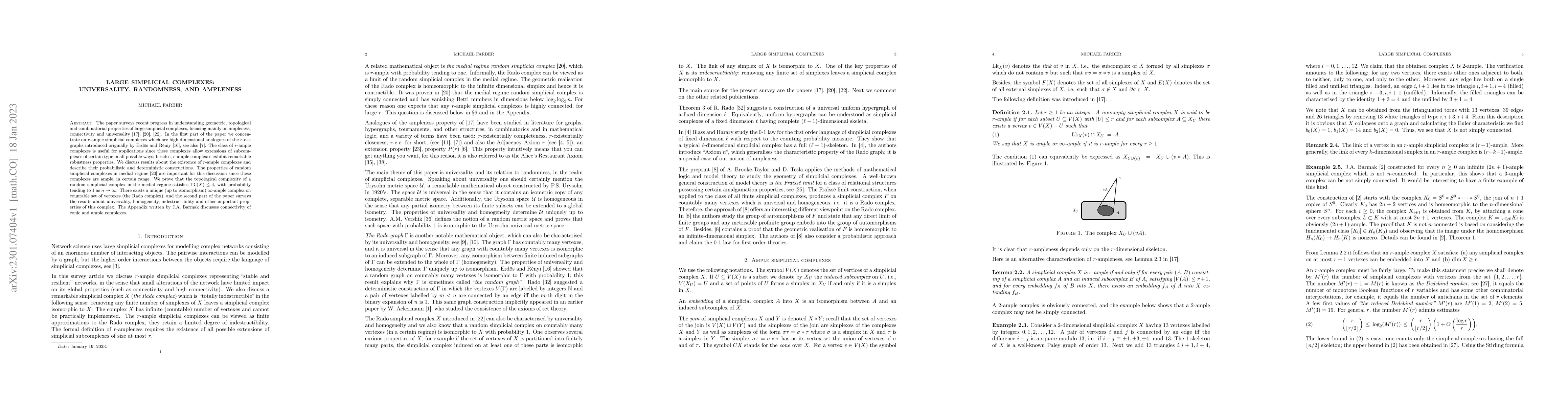 Thumbnail for Large simplicial complexes: Universality, Randomness, and Ampleness