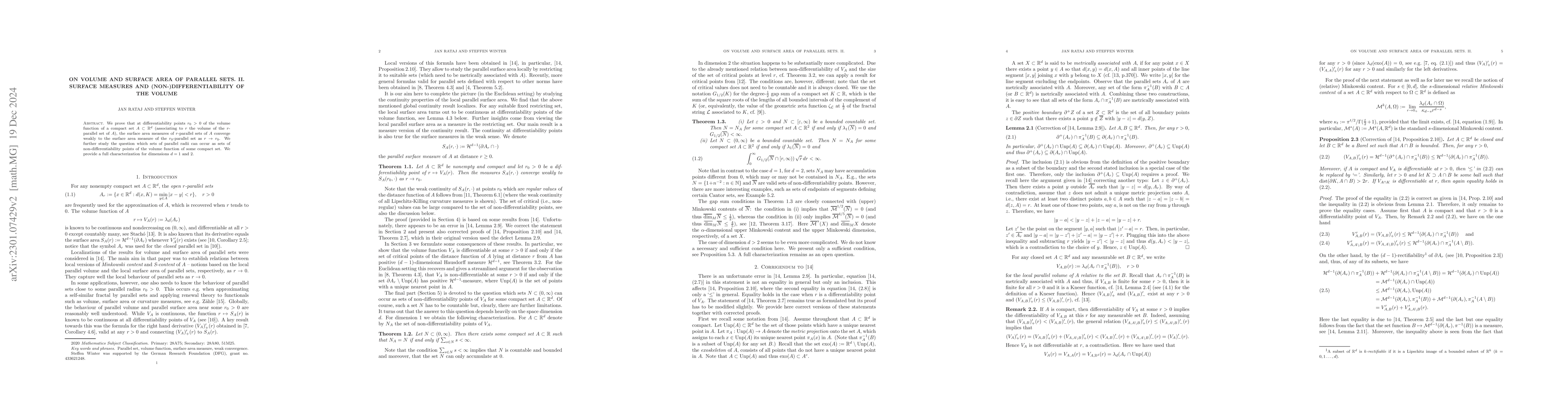 Thumbnail for On volume and surface area of parallel sets. II. Surface measures and
  (non-)differentiability of the volume