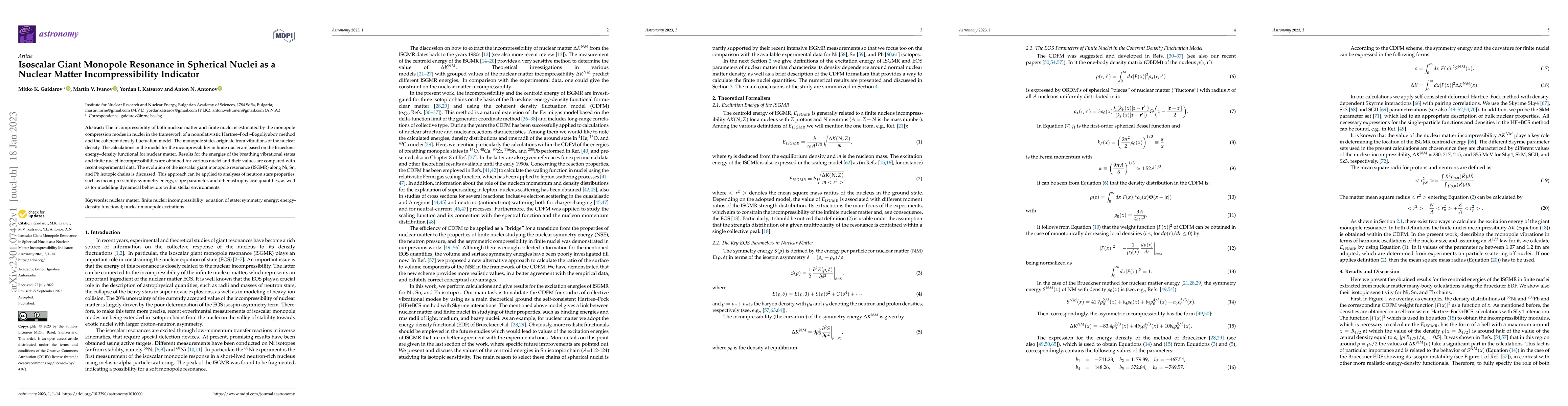 Thumbnail for Isoscalar Giant Monopole Resonance in Spherical Nuclei as a Nuclear
  Matter Incompressibility Indicator