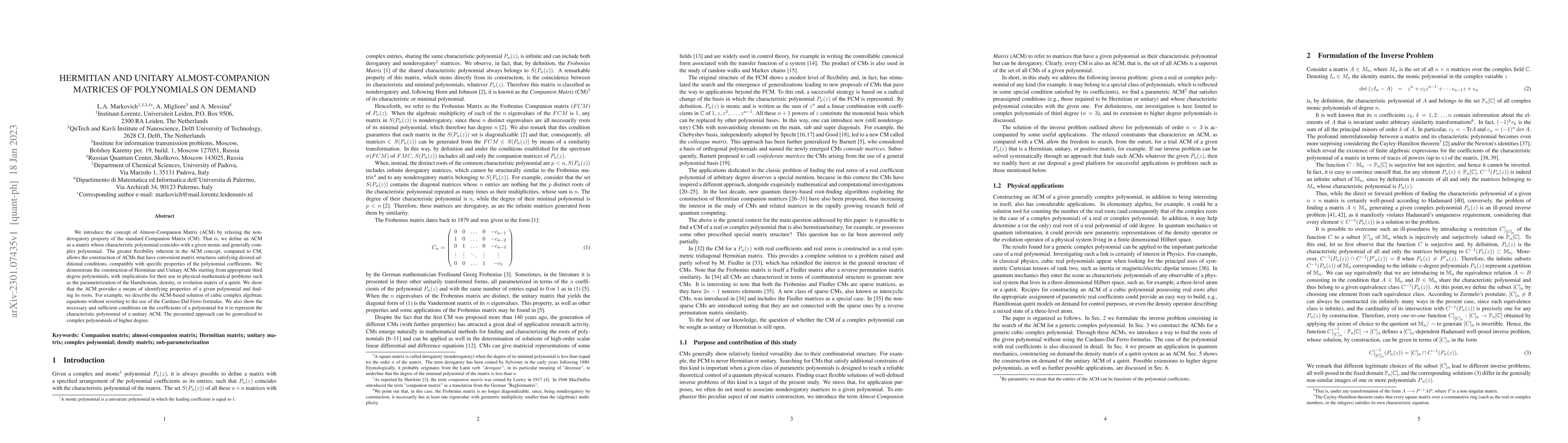 Thumbnail for Hermitian and unitary almost-companion matrices of polynomials on demand
