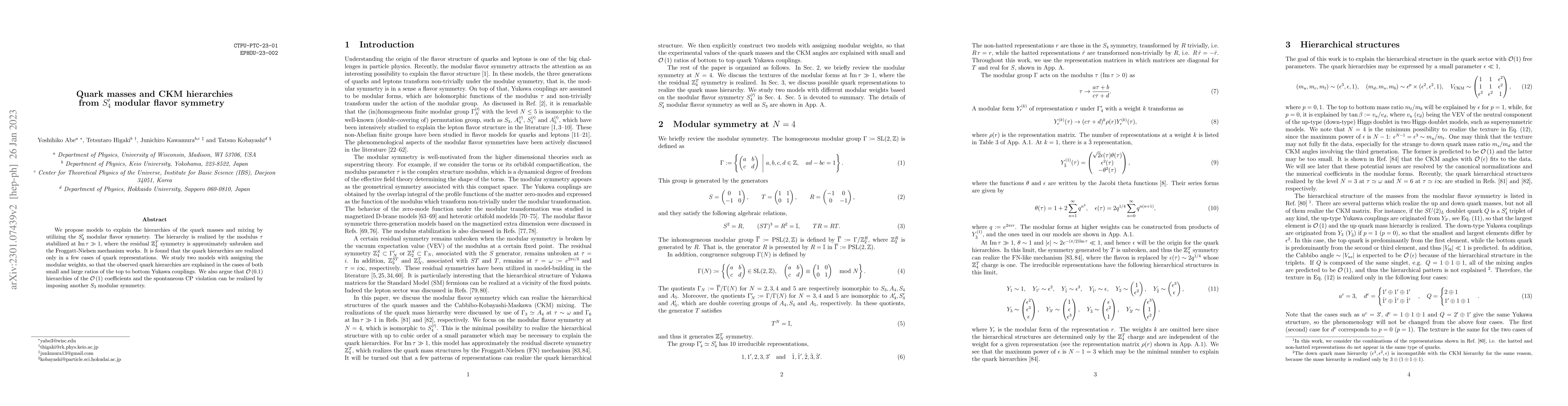 Thumbnail for Quark masses and CKM hierarchies from $S_4^\prime$ modular flavor
  symmetry