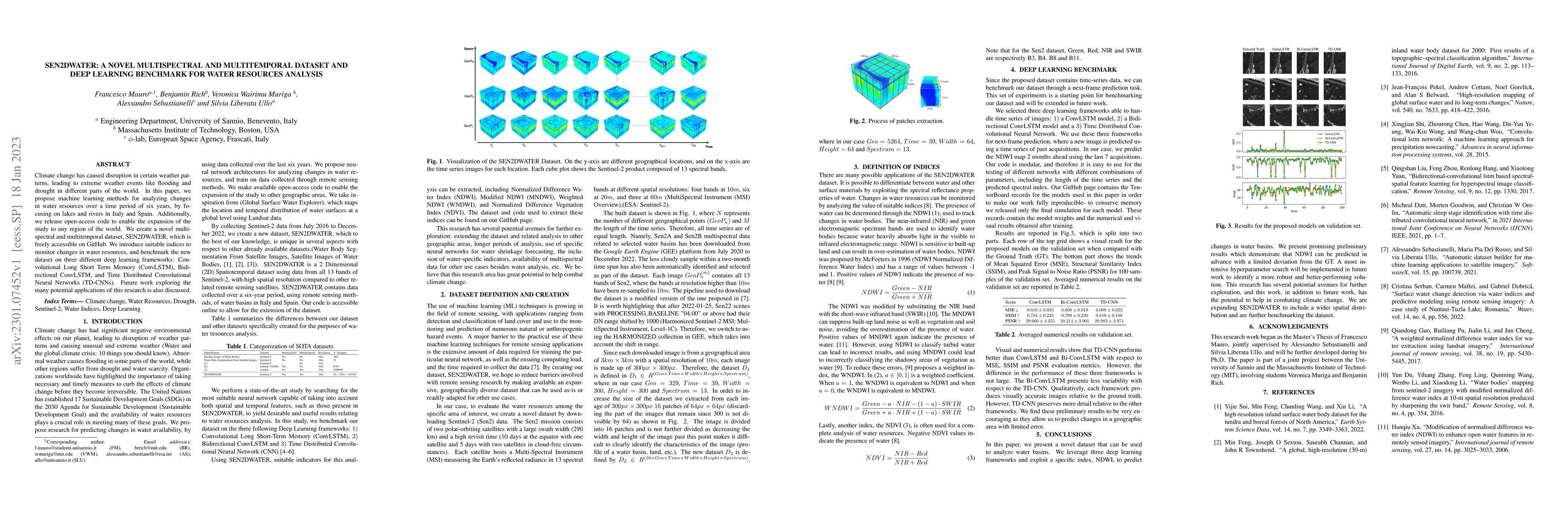 Thumbnail for SEN2DWATER: A Novel Multispectral and Multitemporal Dataset and Deep
  Learning Benchmark for Water Resources Analysis