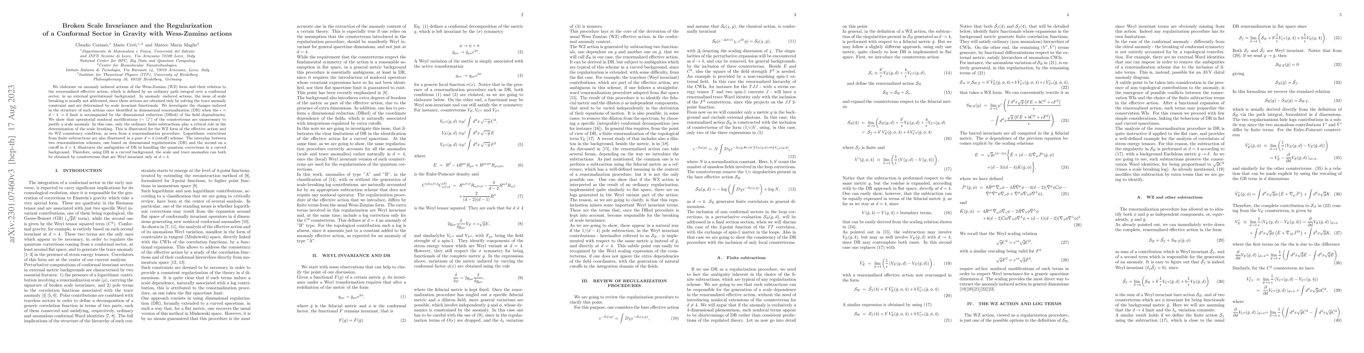 Thumbnail for Broken Scale Invariance and the Regularization of a Conformal Sector in
  Gravity with Wess-Zumino actions