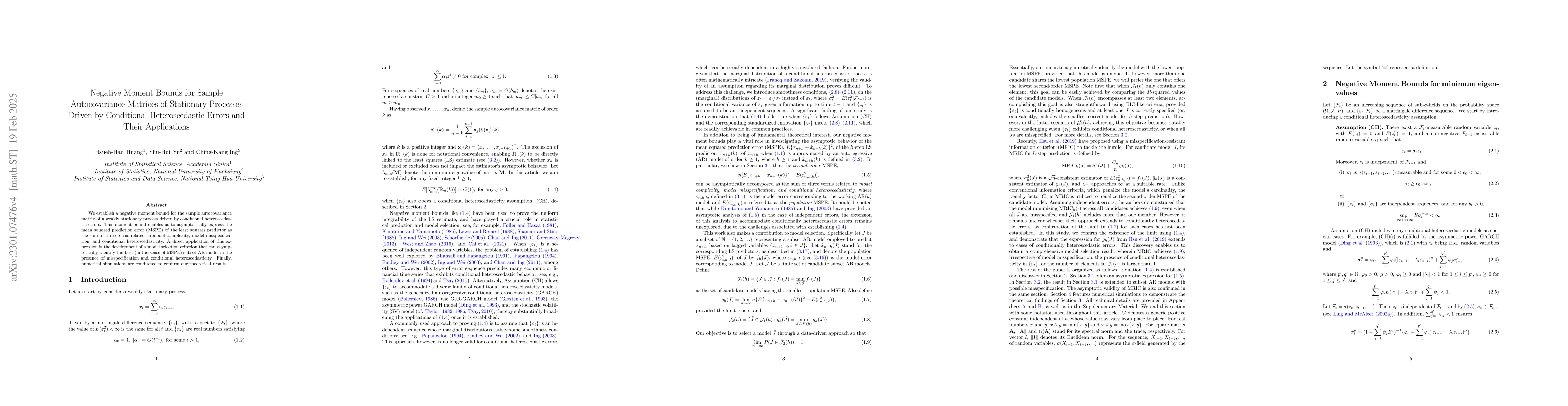 Thumbnail for Negative Moment Bounds for Sample Autocovariance Matrices of Stationary
  Processes Driven by Conditional Heteroscedastic Errors and Their Applications