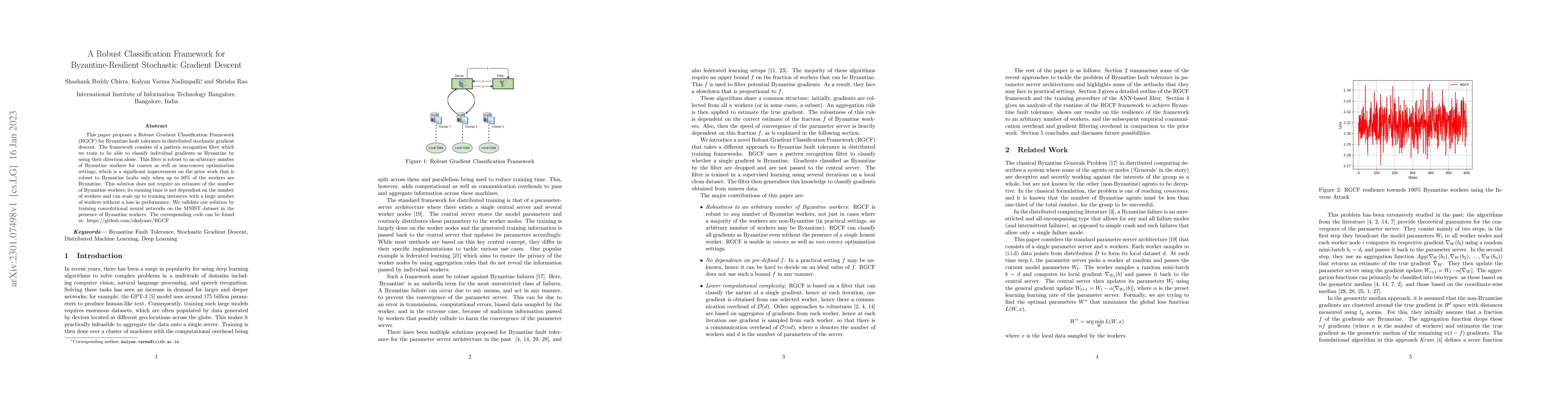 Thumbnail for A Robust Classification Framework for Byzantine-Resilient Stochastic
  Gradient Descent