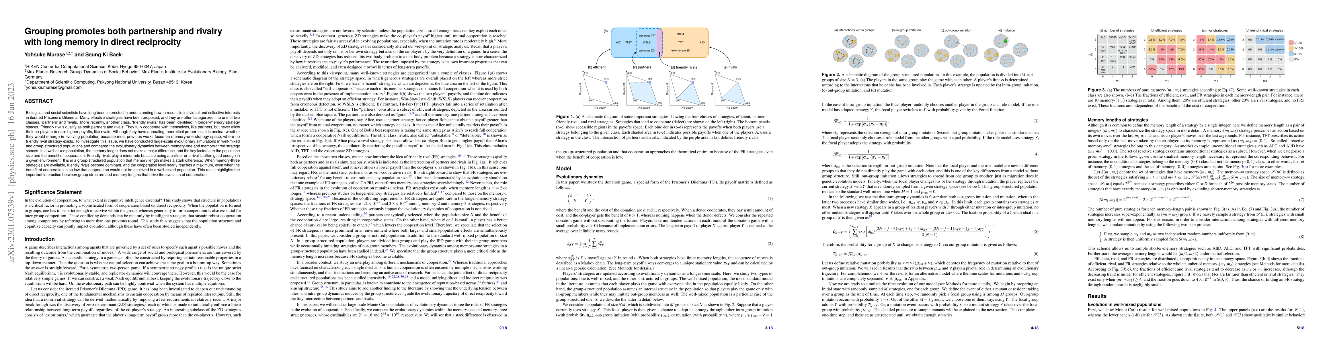 Thumbnail for Grouping promotes both partnership and rivalry with long memory in
  direct reciprocity