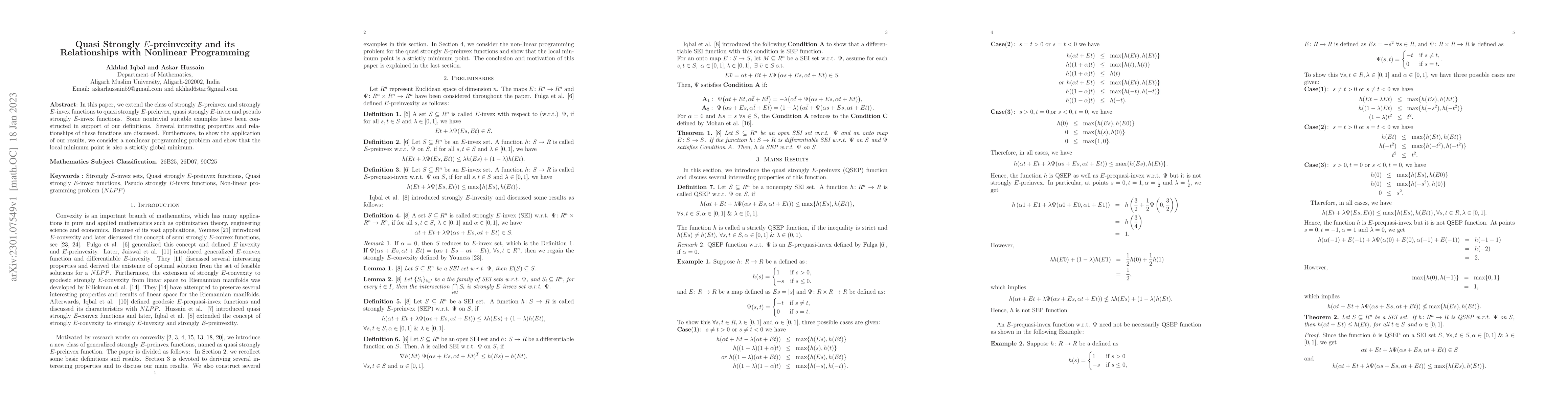 Thumbnail for Quasi Strongly $E$-preinvexity and its Relationships with Nonlinear
  Programming