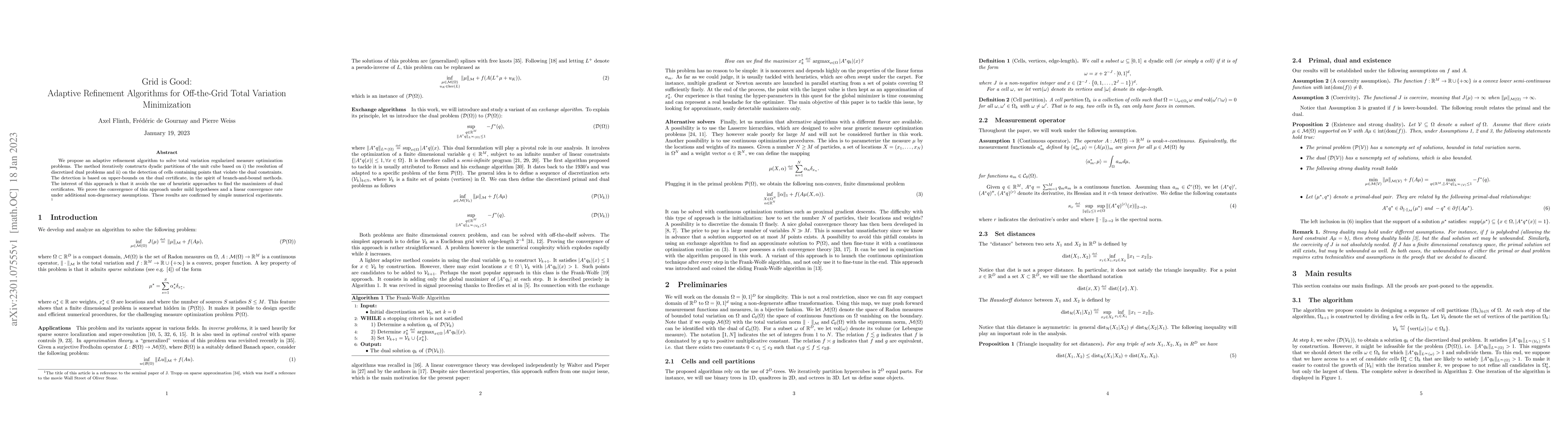 Thumbnail for Grid is Good: Adaptive Refinement Algorithms for Off-the-Grid Total
  Variation Minimization