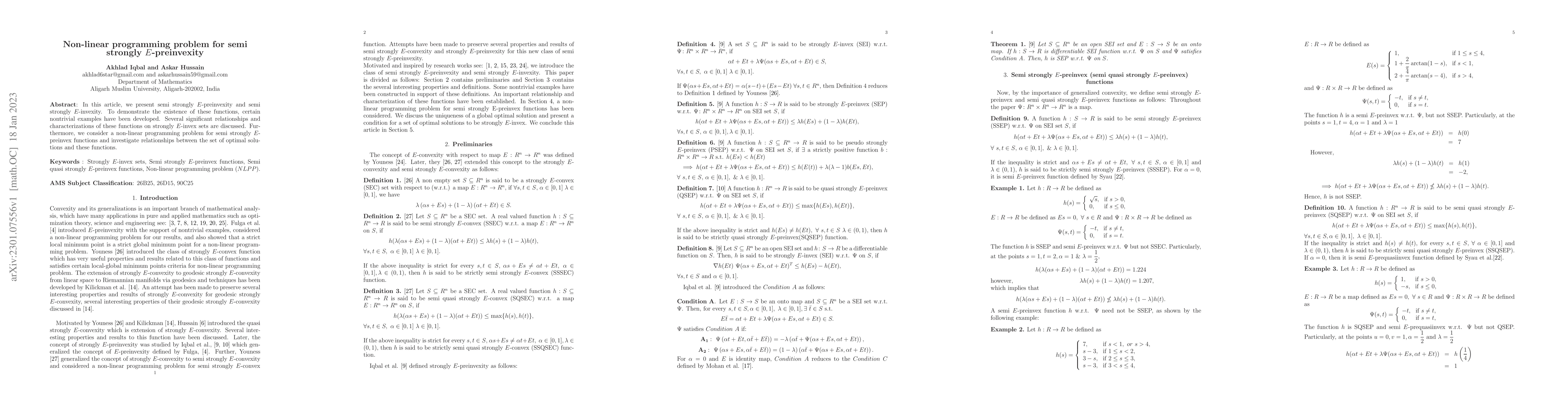 Thumbnail for Non-linear programming problem for semi strongly $E$-preinvexity