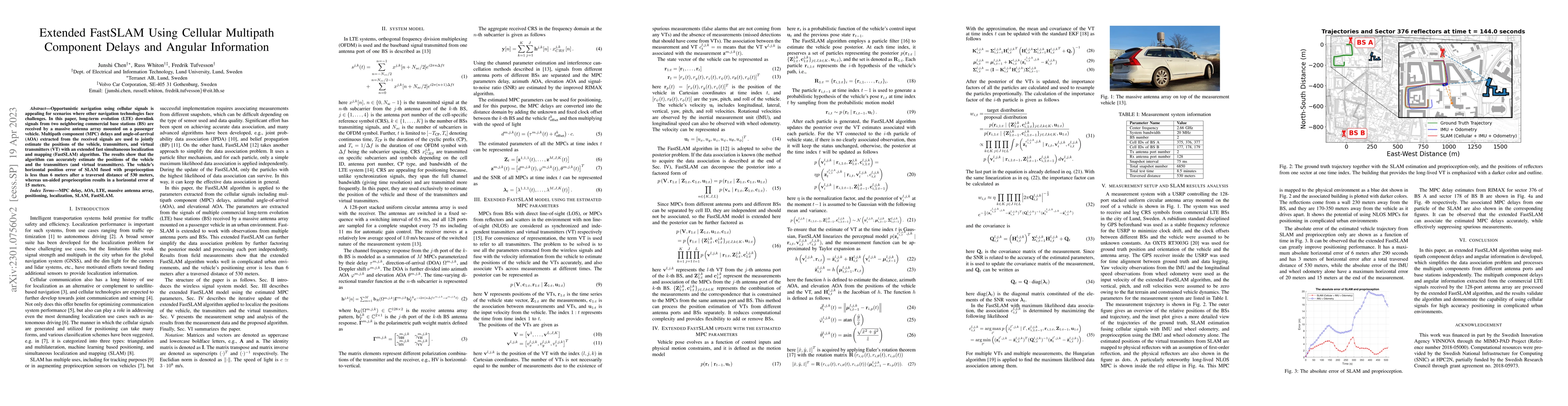 Thumbnail for Extended FastSLAM Using Cellular Multipath Component Delays and Angular
  Information