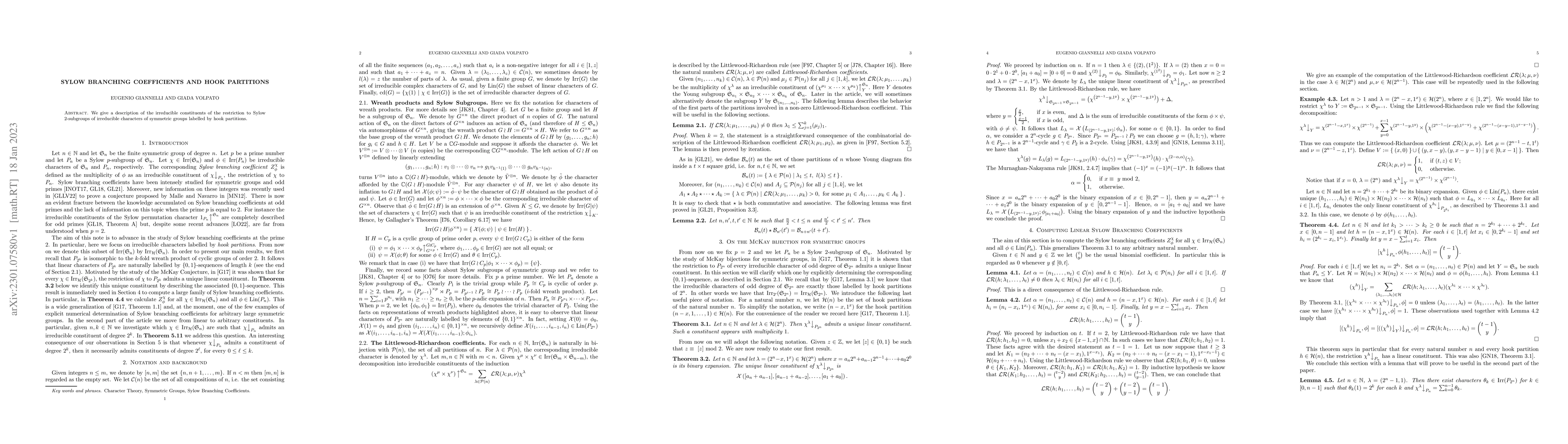 Thumbnail for Sylow branching coefficients and hook partitions