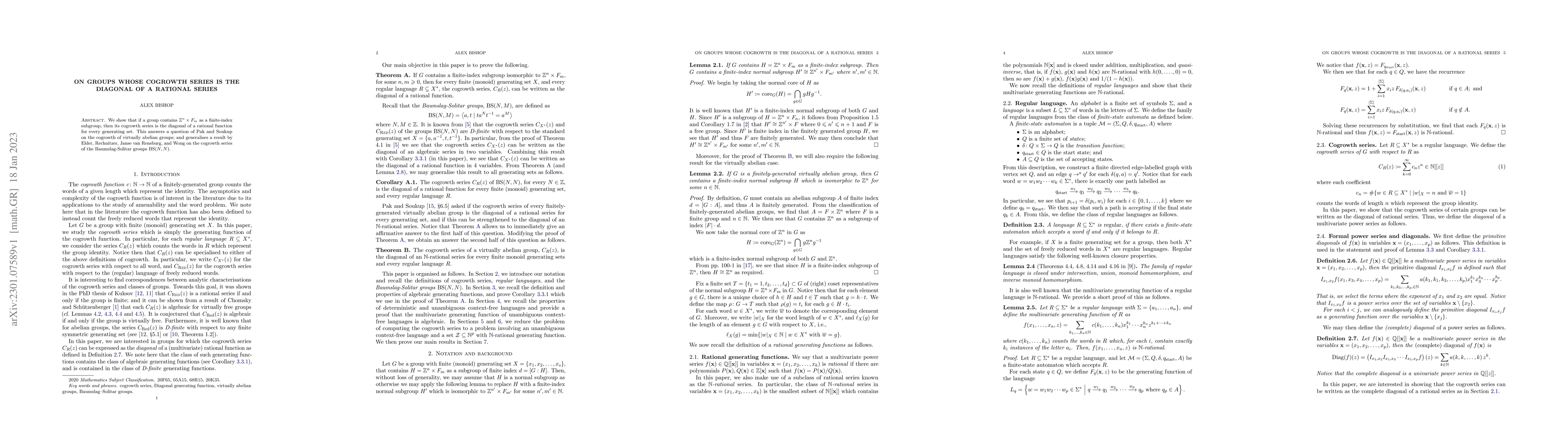 Thumbnail for On groups whose cogrowth series is the diagonal of a rational series