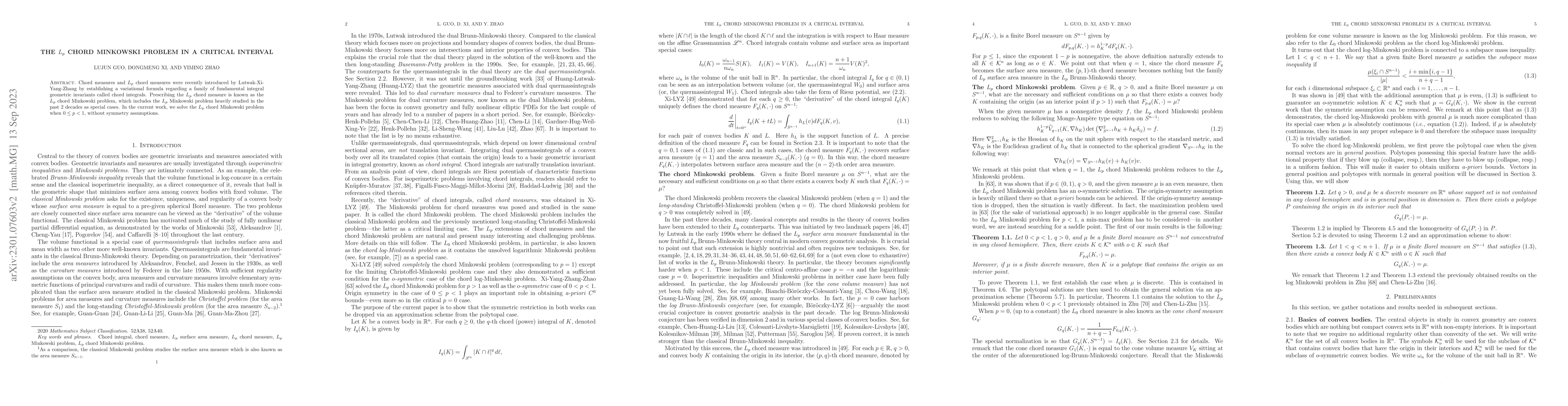 Thumbnail for The $L_p$ Chord Minkowski problem in a critical interval