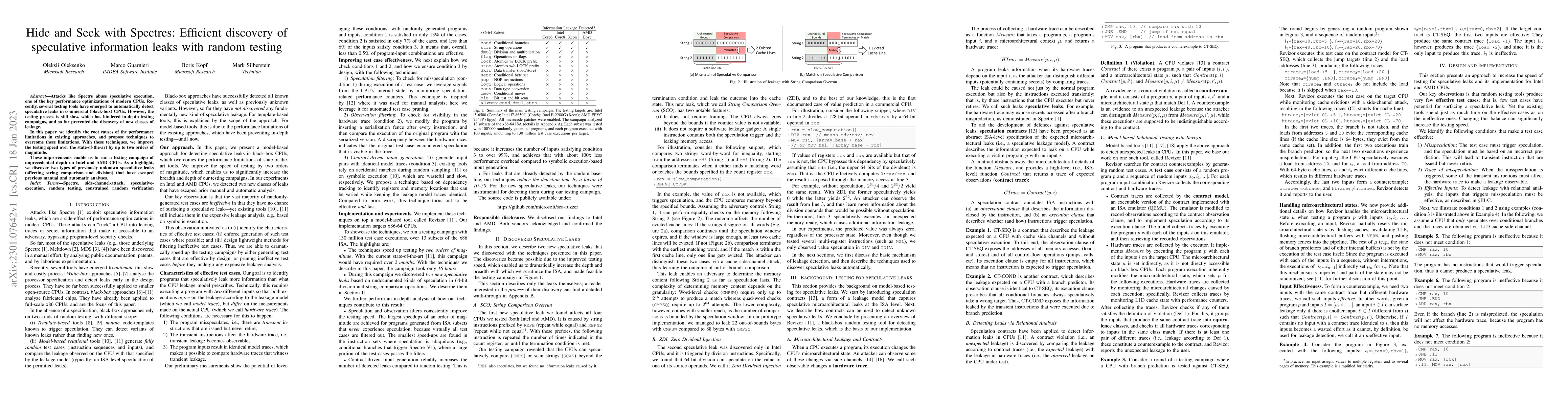 Thumbnail for Hide and Seek with Spectres: Efficient discovery of speculative
  information leaks with random testing