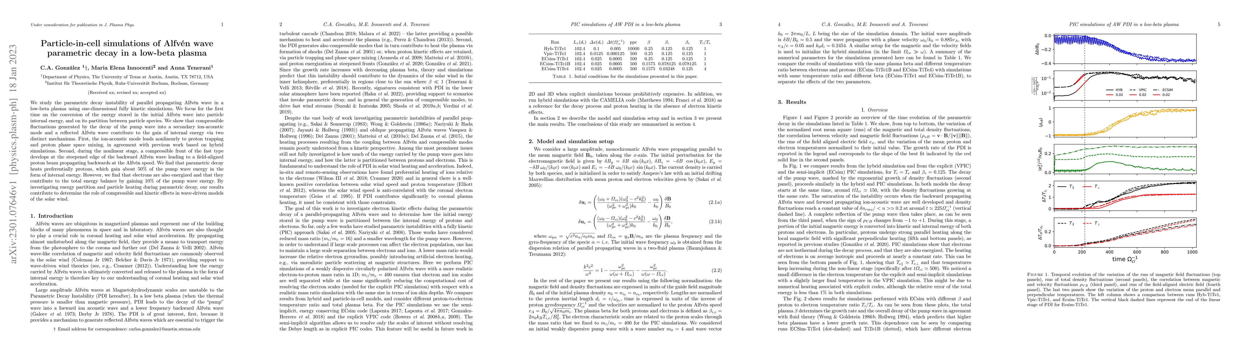 Thumbnail for Particle-in-cell simulations of Alfv\'en wave parametric decay in a
  low-beta plasma