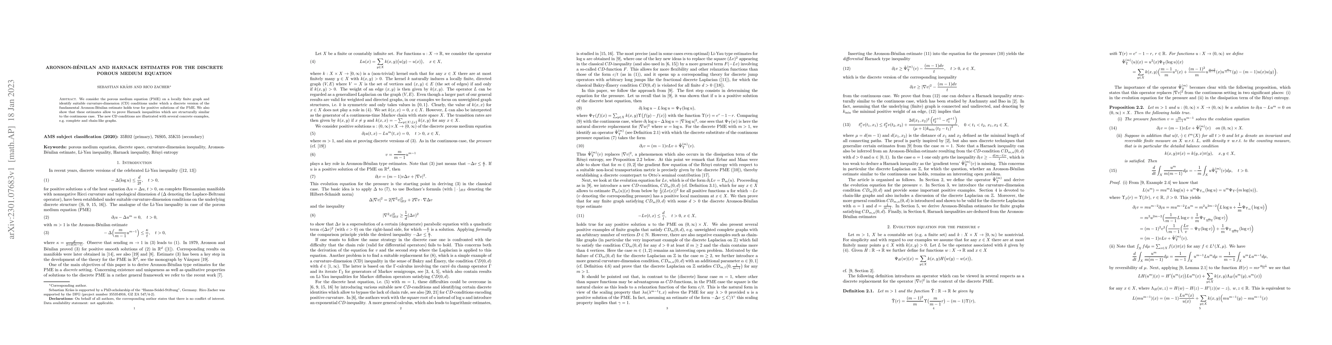 Thumbnail for Aronson-B\'{e}nilan and Harnack estimates for the discrete porous medium
  equation