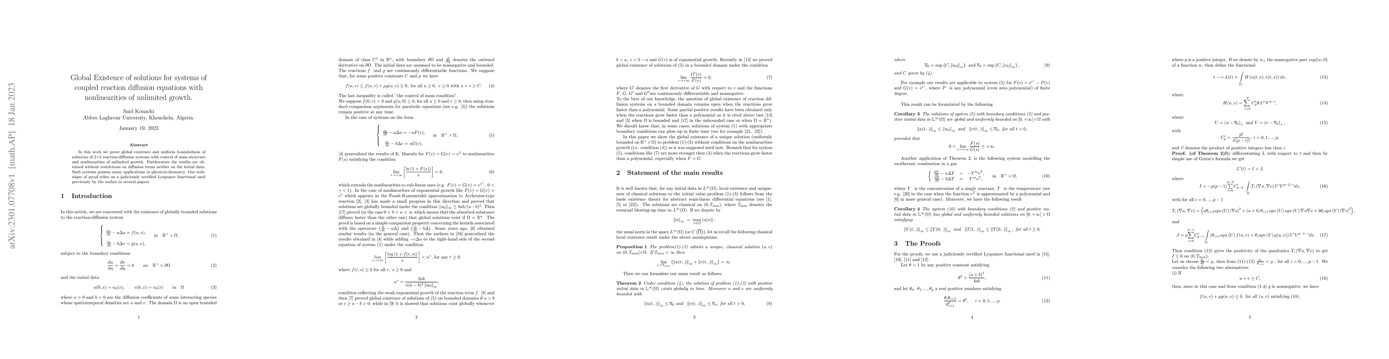 Thumbnail for Global Existence of solutions for systems of coupled reaction diffusion
  equations with nonlinearities of unlimited growth