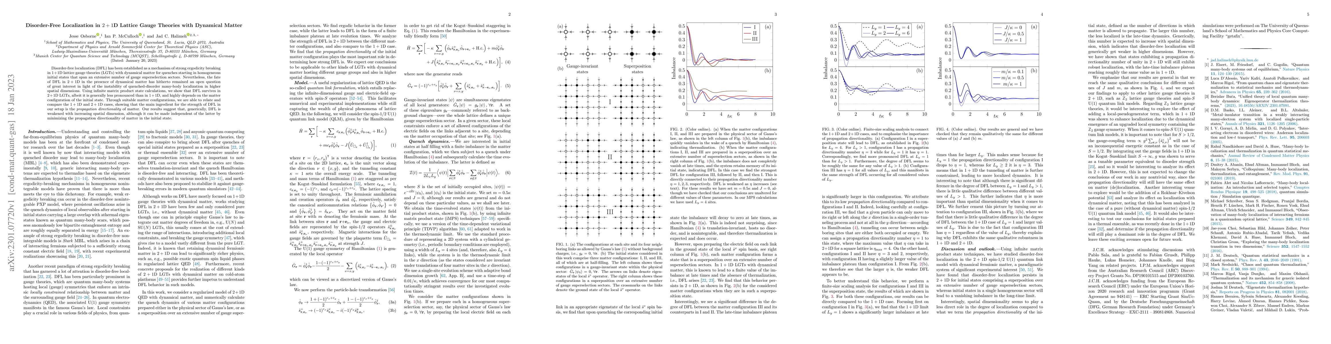 Thumbnail for Disorder-Free Localization in $2+1$D Lattice Gauge Theories with
  Dynamical Matter