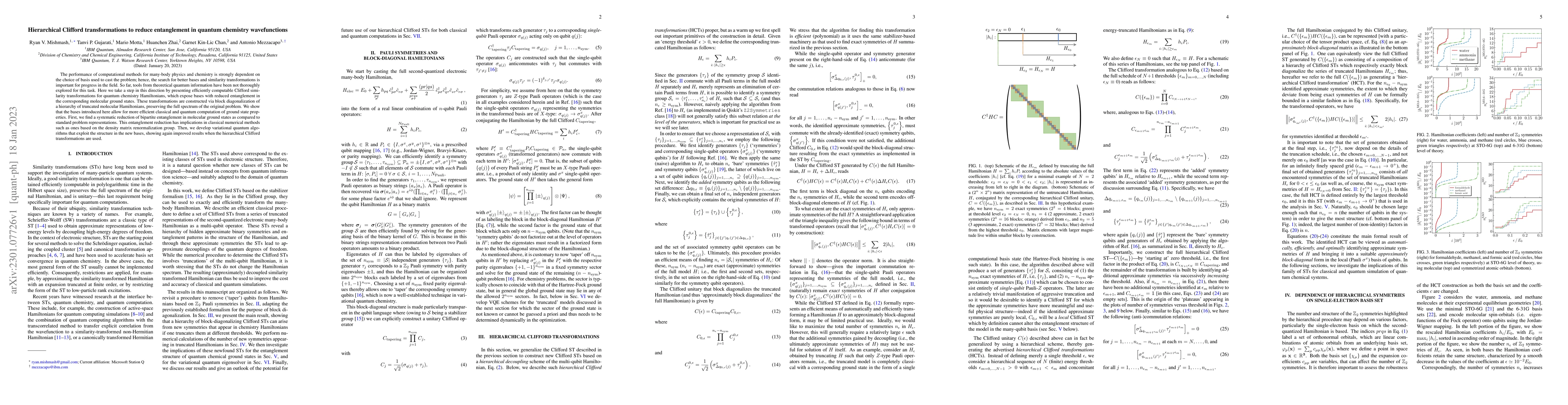Thumbnail for Hierarchical Clifford transformations to reduce entanglement in quantum
  chemistry wavefunctions