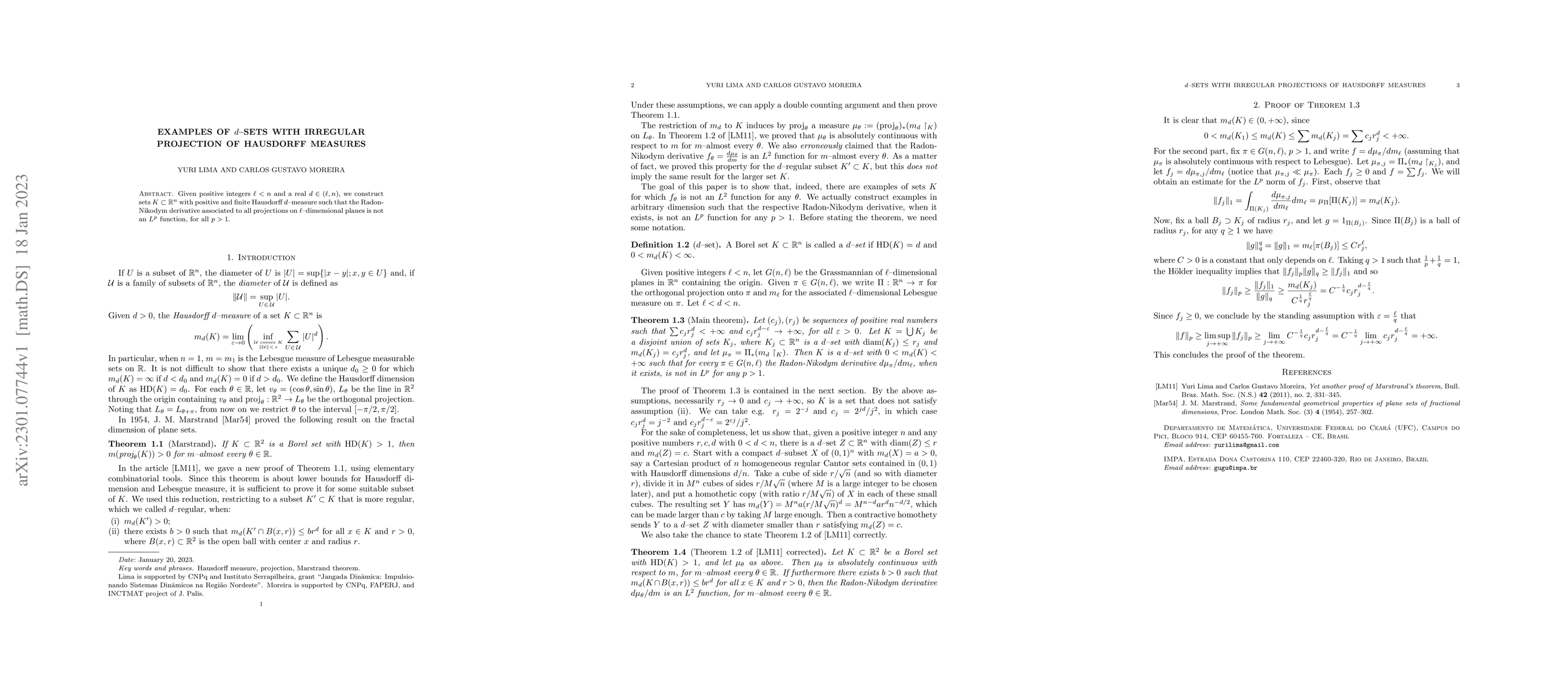 Thumbnail for Examples of $d-$sets with irregular projection of Hausdorff measures