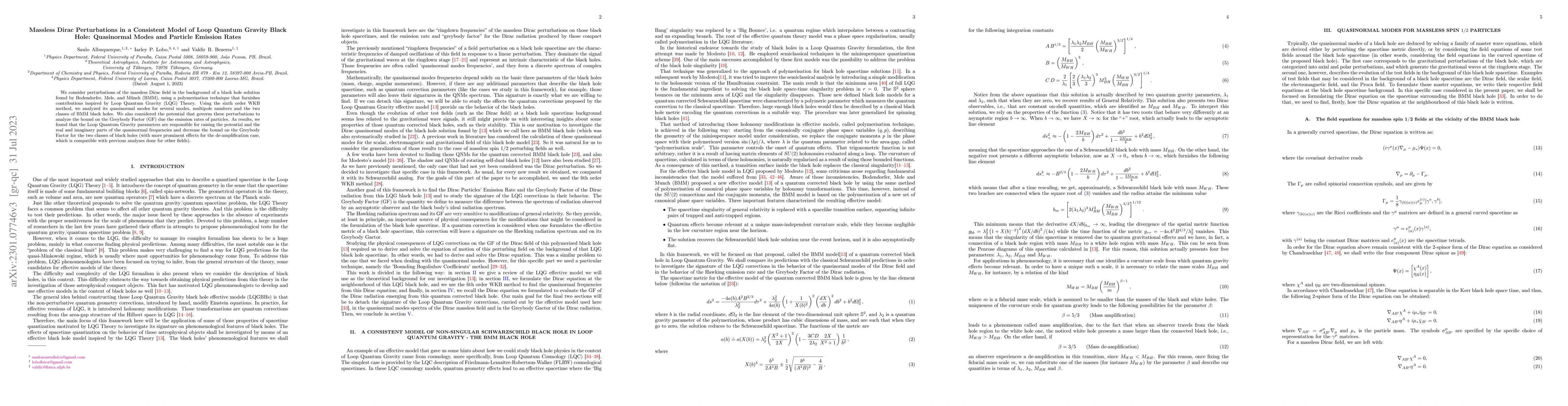 Thumbnail for Massless Dirac Perturbations in a Consistent Model of Loop Quantum
  Gravity Black Hole: Quasinormal Modes and Particle Emission Rates