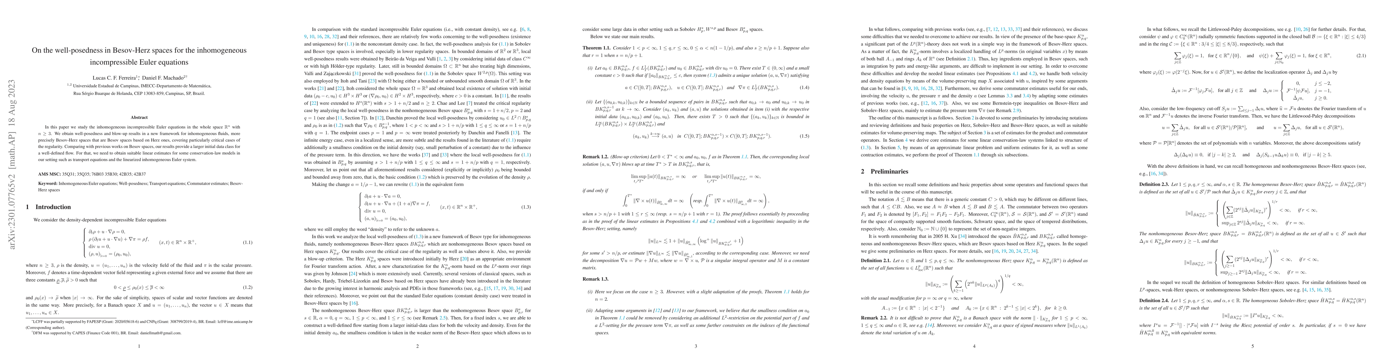 Thumbnail for On the well-posedness in Besov-Herz spaces for the inhomogeneous
  incompressible Euler equations