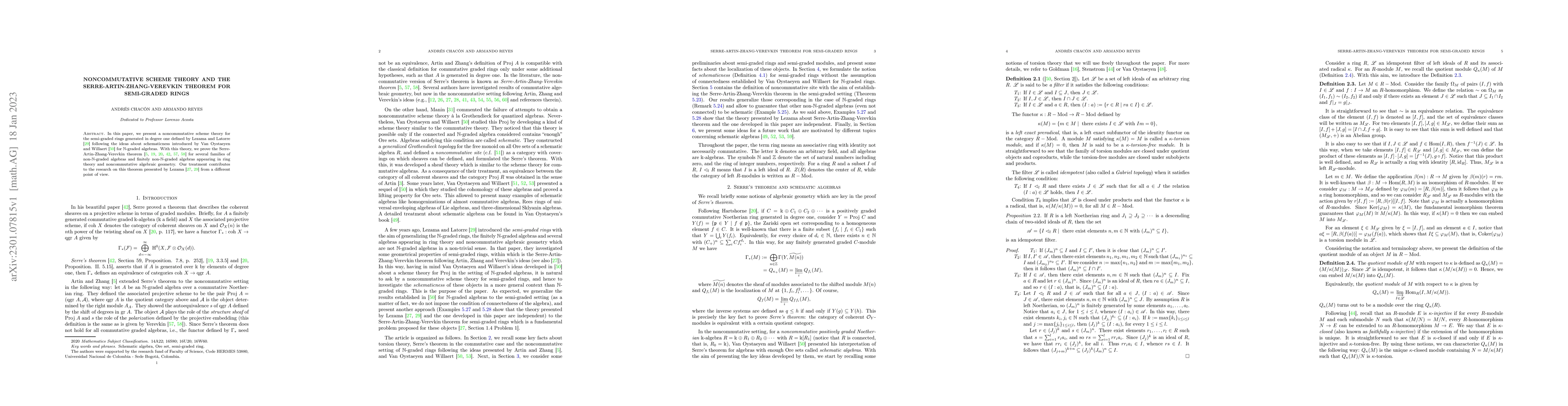 Thumbnail for Noncommutative scheme theory and the Serre-Artin-Zhang-Verevkin theorem
  for semi-graded rings
