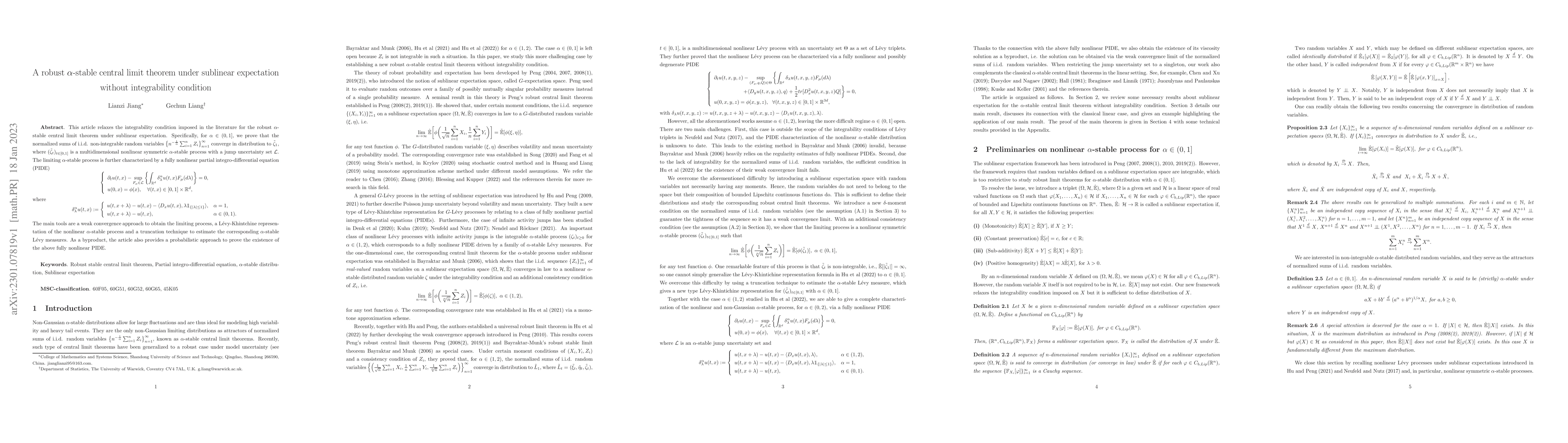 Thumbnail for A robust $\alpha$-stable central limit theorem under sublinear
  expectation without integrability condition