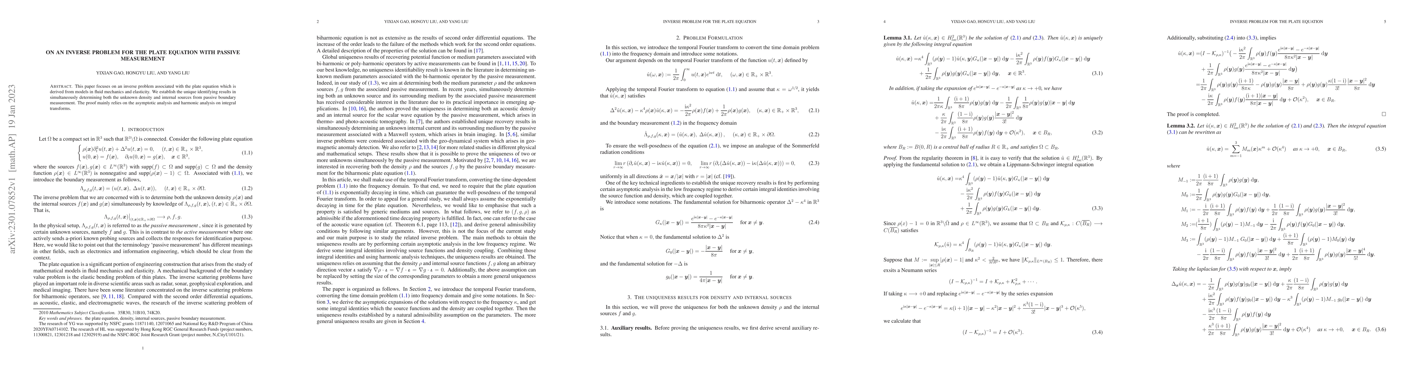 Thumbnail for On an inverse problem for the plate equation with passive measurement