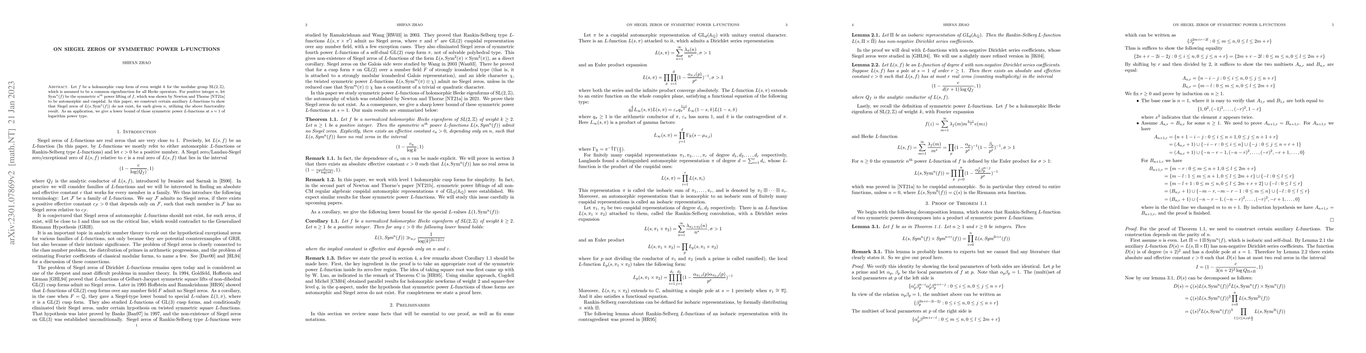 Thumbnail for On Siegel Zeros of Symmetric Power L-functions