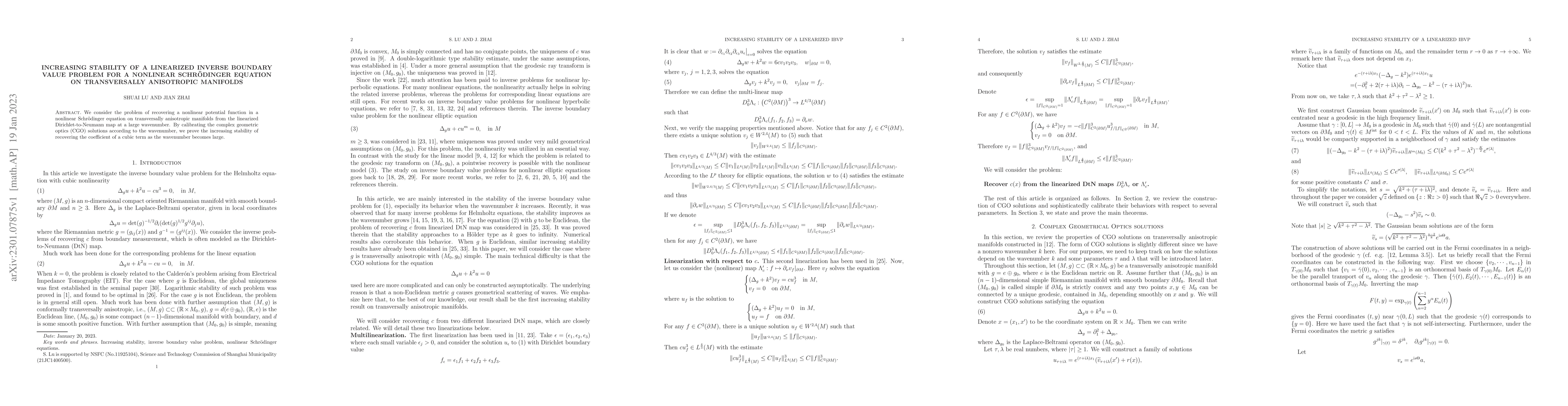 Thumbnail for Increasing stability of a linearized inverse boundary value problem for
  a nonlinear Schr\"odinger equation on transversally anisotropic manifolds