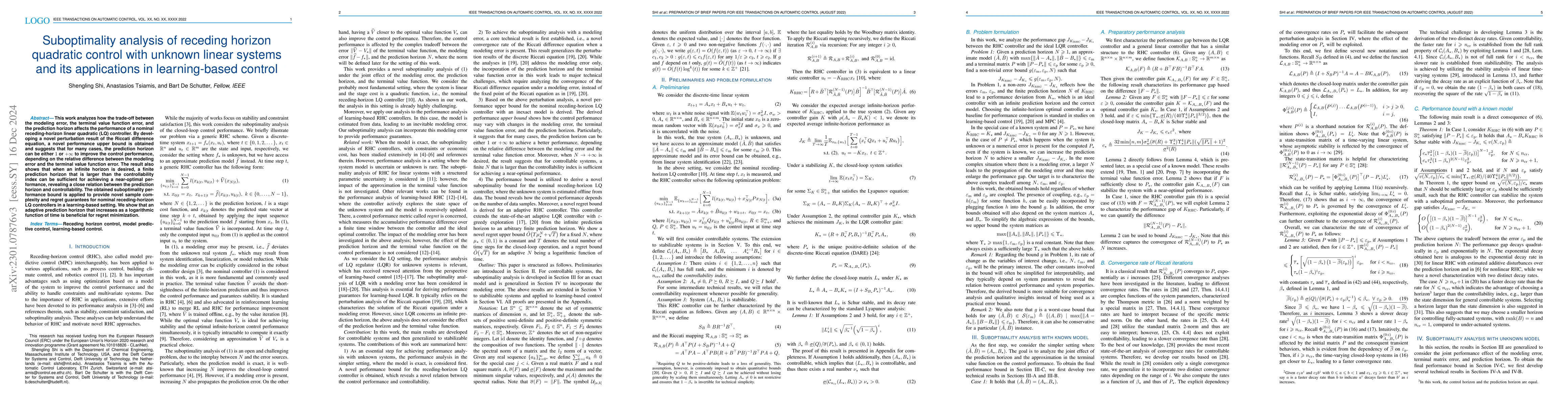 Thumbnail for Suboptimality analysis of receding horizon quadratic control with
  unknown linear systems and its applications in learning-based control