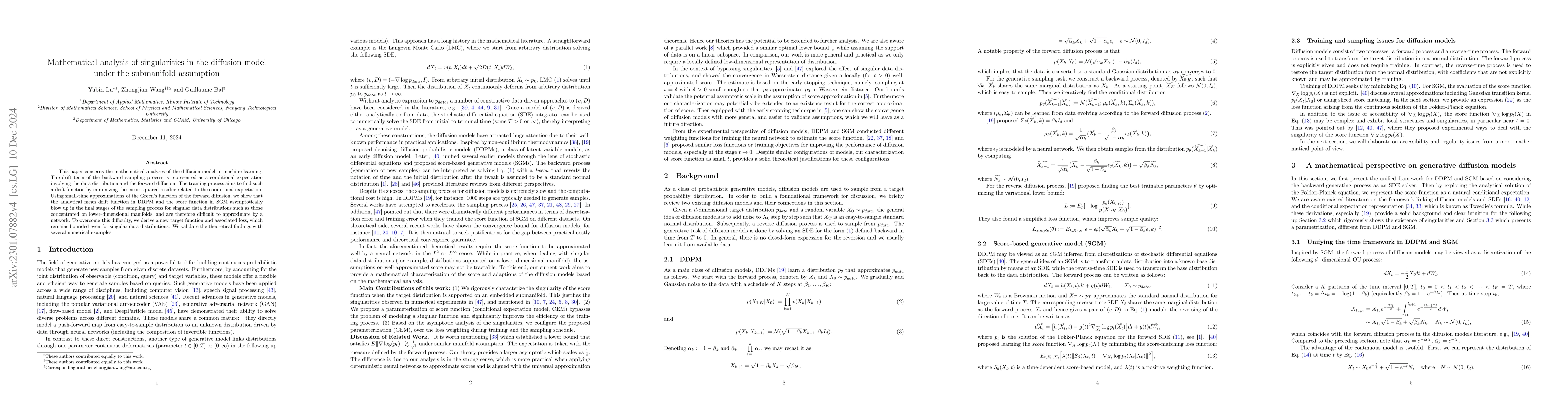 Thumbnail for Mathematical analysis of singularities in the diffusion model under the
  submanifold assumption