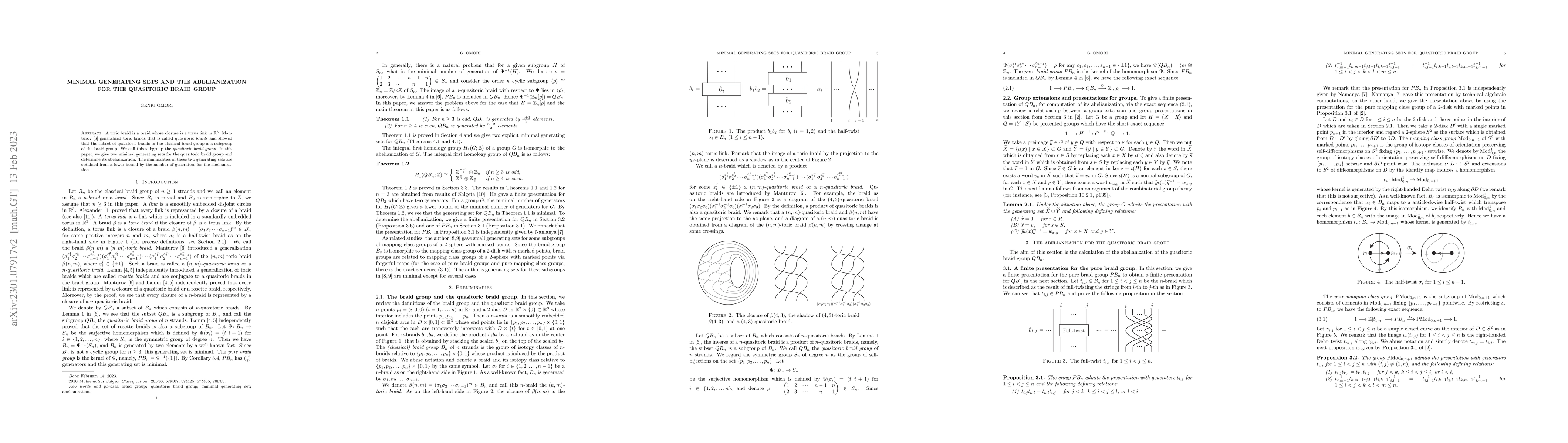 Thumbnail for Minimal generating sets and the abelianization for the quasitoric braid
  group