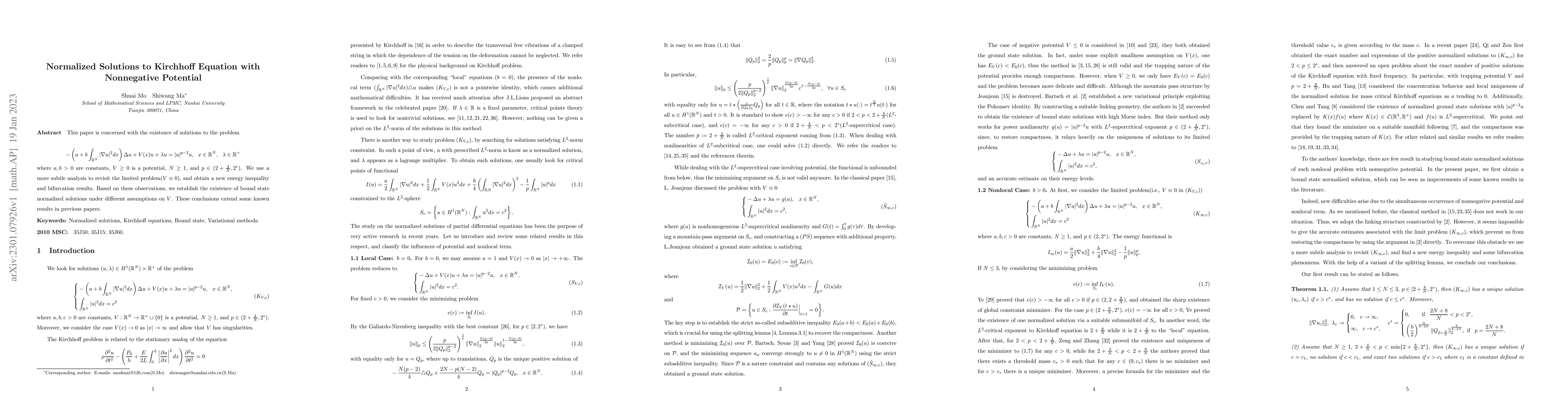 Thumbnail for Normalized Solutions to Kirchhoff Equation with Nonnegative Potential
