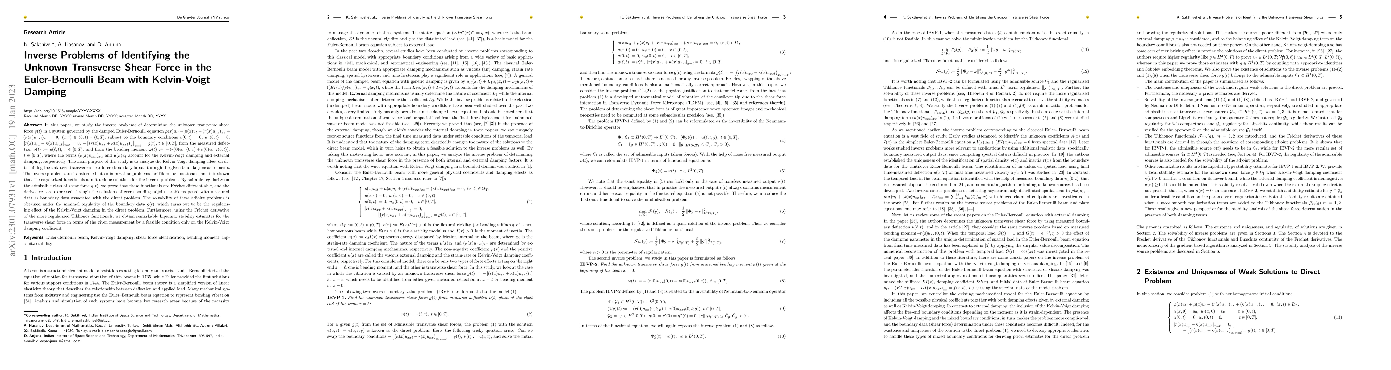 Thumbnail for Inverse Problems of Identifying the Unknown Transverse Shear Force in
  the Euler-Bernoulli Beam with Kelvin-Voigt Damping