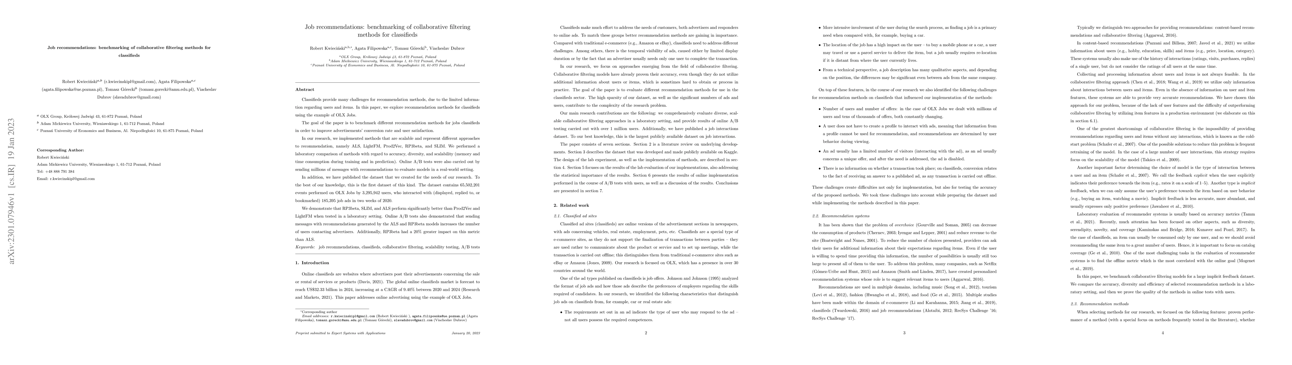 Thumbnail for Job recommendations: benchmarking of collaborative filtering methods for
  classifieds