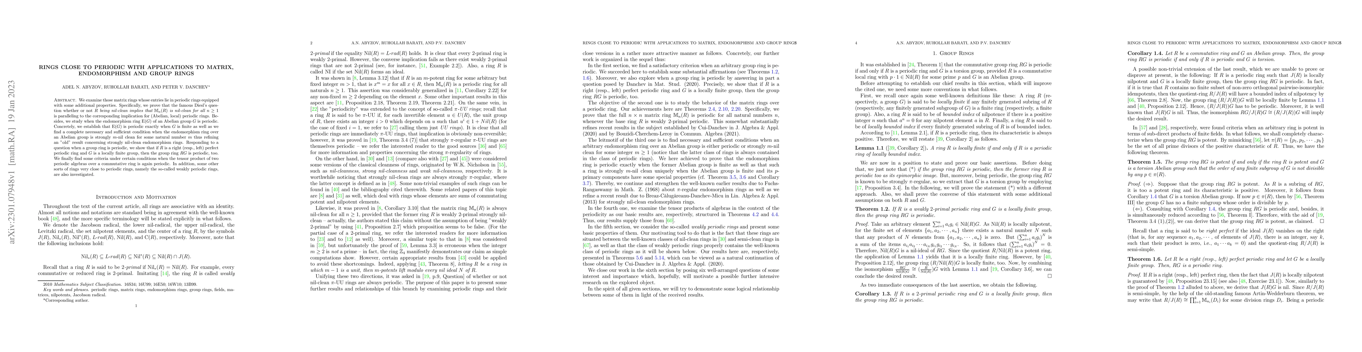 Thumbnail for Rings close to periodic with applications to matrix, endomorphism and
  group rings