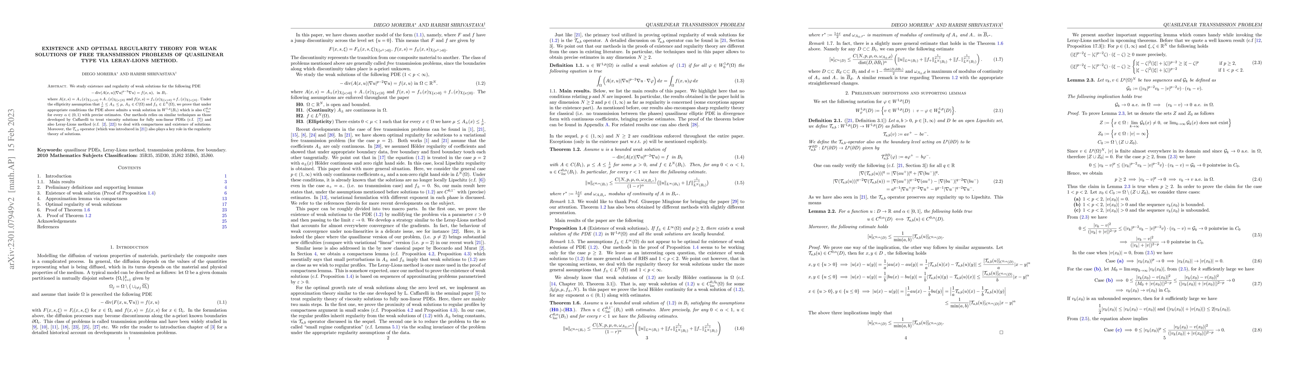Thumbnail for Existence and optimal regularity theory for weak solutions of free
  transmission problems of quasilinear type via Leray-Lions method