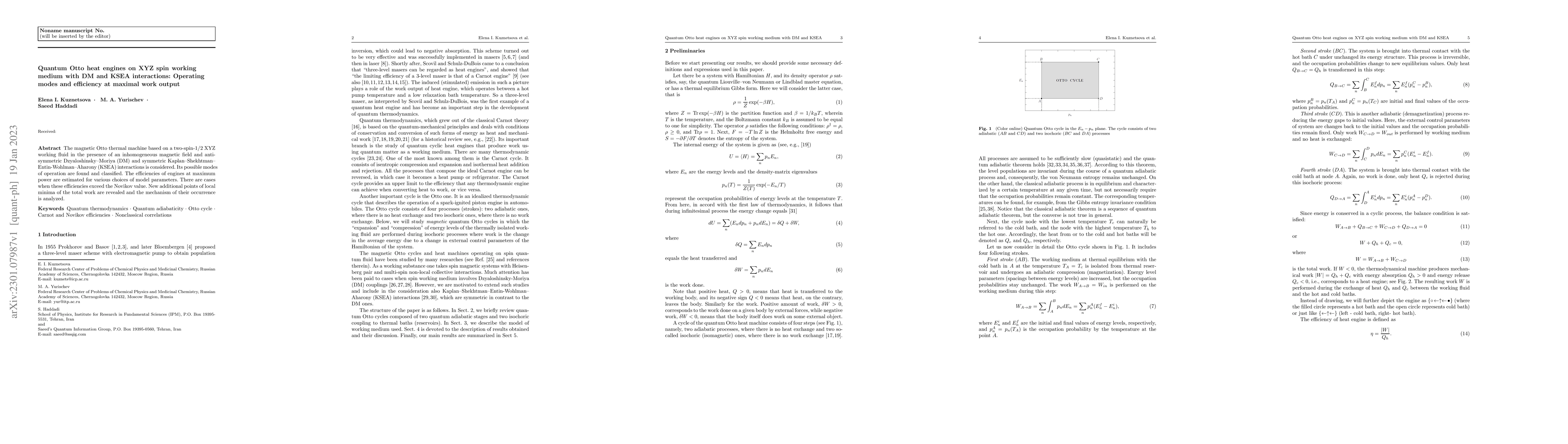 Thumbnail for Quantum Otto heat engines on XYZ spin working medium with DM and KSEA
  interactions: Operating modes and efficiency at maximal work output