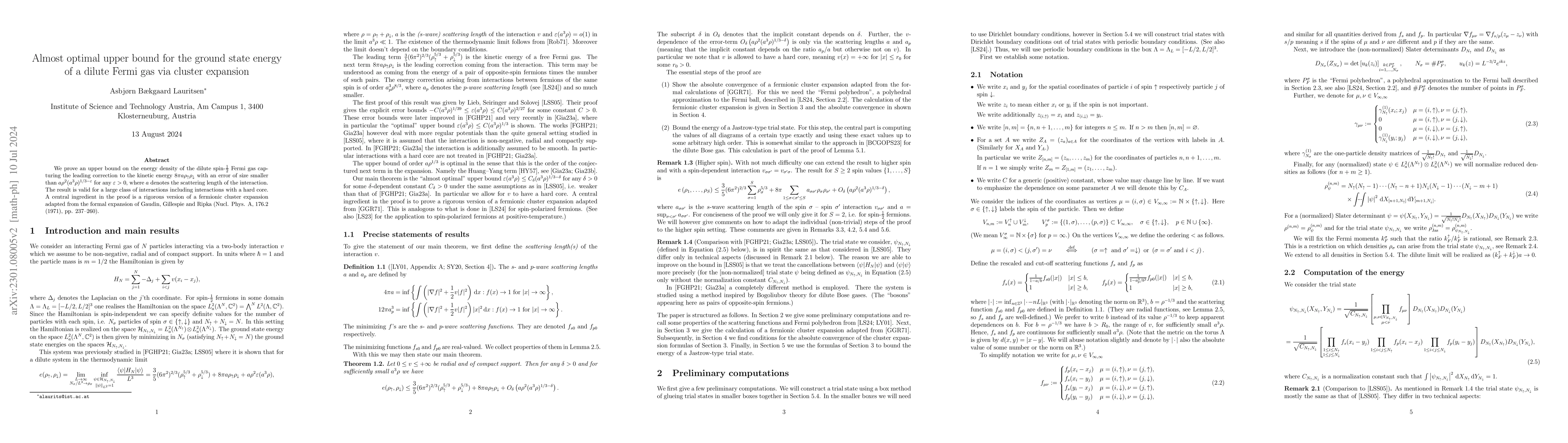 Thumbnail for Almost optimal upper bound for the ground state energy of a dilute Fermi
  gas via cluster expansion