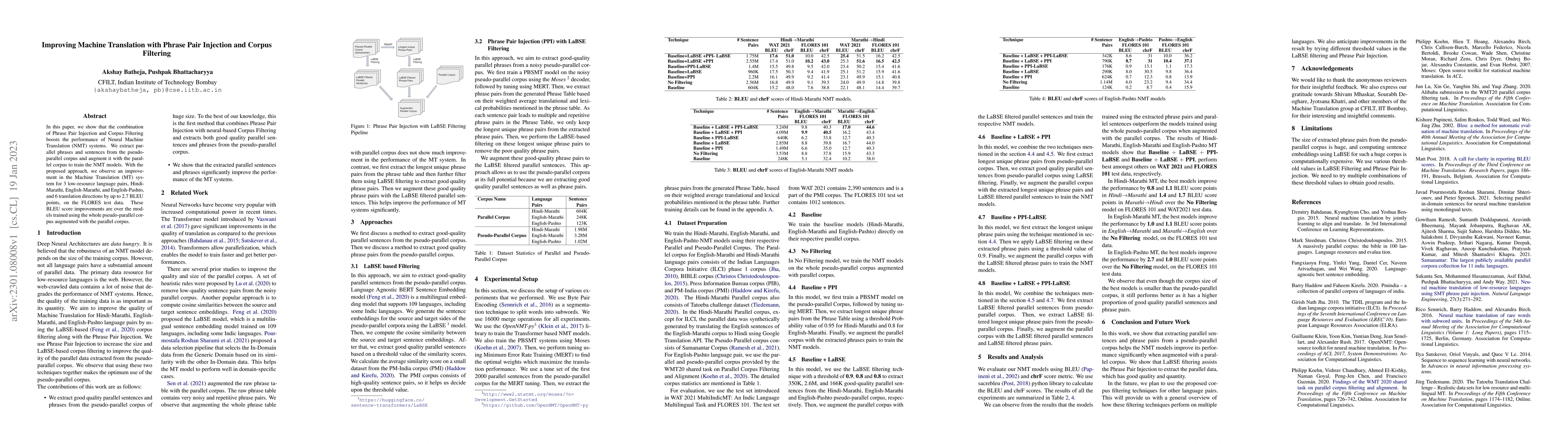 Thumbnail for Improving Machine Translation with Phrase Pair Injection and Corpus
  Filtering